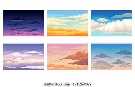 Sky View with Clouds Scudding Across It and Staying Still Vector Scene Set