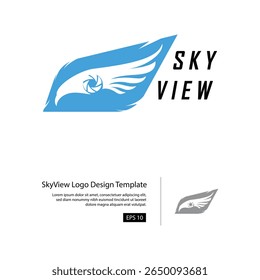 Sky View logo template with a eagle simple shape that combined with camera lens and wing.