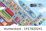 Sky View of seaports, with many cargo ship, container, heavy equipment and building. flat vector design illustration. used for banner, web image and other