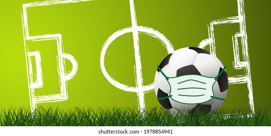 Sky View Soccer Border On Green Football Grass Field. Football With Mask (Coronavirus, Covid-19) Vector Stadium Background. Sport EK, WK Finale School, Sports Game. Summer, Street Ball. 2022, 2023