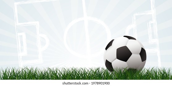 Sky view soccer border with sun on green football grass field. Vector stadium background banner. Sport finale or school, sports EK, WK game. Summer, spring time, Street ball. 2022, 2023, 2024