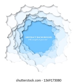 The sky is visible through a large number of clouds. Cumulus in a circle. Paper cut design for packaging, advertising, books, invitations, booklets. Day. Vector illustration
