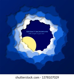 The sky is visible through a large number of Obaks. Cumulus in a circle. Paper cut design for packaging, advertising, books, invitations, booklets. Moon through the clouds. Night. Vector illustration