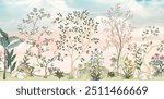 Sky Wallpaper, Chinoiserie Floral Tree Wall Mural for home Decore, Hand paint, Flower and Watercolor Background.