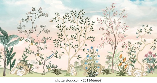 Himmel Tapete, Chinoiserie Blumen Baum Wandgemälde für zu Hause Dekor, Handfarbe, Blume und Aquarell Hintergrund.