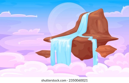 Cascada en el cielo. Isla de roca voladora sobre nubes cielo de sol, piezas de piedra fantasía con cascadas de agua de montaña, paisaje de dibujos animados de fondo de juego, claro vector ilustración del paisaje de roca cielo