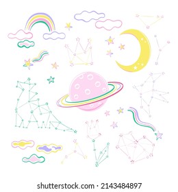 Himmel Weiße Sternbilder Sternbilder Saturn Regenbogen Halbmondwolken gefallen Sternvektorgrafik einzeln auf Weiß. Childisch süße Farben im Weltraum pajamas Party Print-Sammlung.