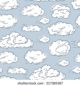 Sky. White clouds on blue background. Clouds Vector Seamless pattern. Hand Drawn Doodle Clouds. 