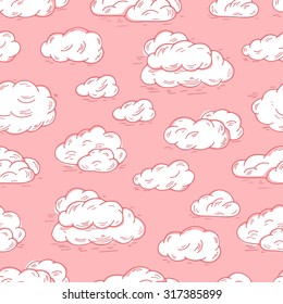 Sky. White clouds on pink background. Clouds Vector Seamless pattern. Hand Drawn Doodle Clouds. 