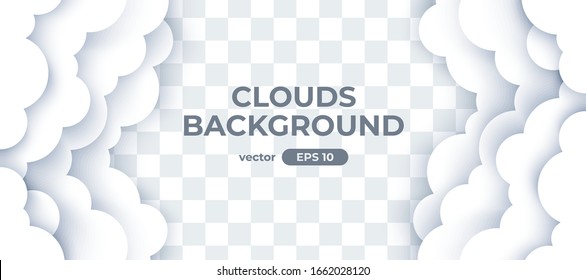 Sky with white clouds on transparent background. Border of clouds. Paper cut. Simple cartoon design. Banner, poster, flyer template. Flat style vector eps10 illustration. 