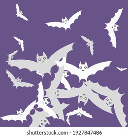 Sky White Motion Scary Creepy Bats Vector Design Pic. Night Gothic Purple Black Flying Bats Art Pattern. Eyes Grey Attack Violet Halloween Art Illustration. Spooky Colorful Print Retro Wallpaper.