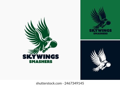 Sky Wings Smasher Padel logo. Wings stretching over a padel racket, signifying speed and aerial dominance. Ideal for padel equipment manufacturers or players emphasizing agility.