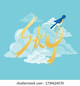 Sky Yellow Ribbon Font and Blue Bird with Cloud on Light Blue Background, vector, Illustration, Typography, Font