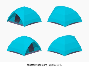 Sky-blue camping tents. 3D lowpoly isometric vector illustration. The set of objects isolated against the white background and shown from different sides