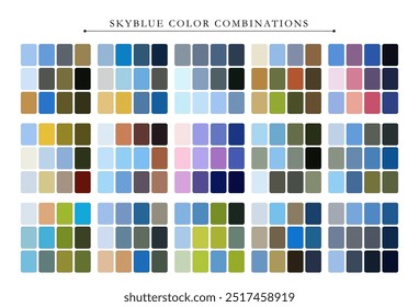 Skyblue color palette. Trend color palette guide template. Fit for fashion designers, business, and paints colors company. Match combinations. Vector graphics. Eps 10.