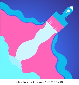 Skybrush illustration include blue rocket modified with brush flying on the sky and creating light blue fog and creative pink smoke silhouette