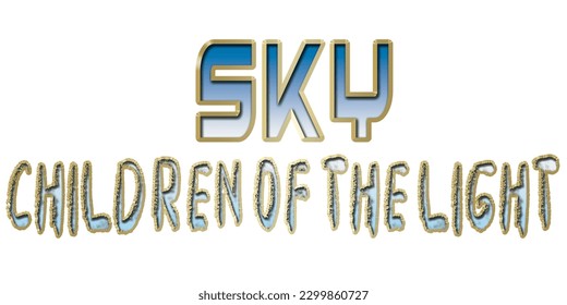 SKY: NIÑOS DE LA LIGERA fuente de texto, JUEGOS MÓVILES, alfabeto con bombilla 3d con marco dorado aislado en fondo blanco. fuente de goteo lustroso dorado. Ilustración vectorial.