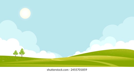 Sky,Cloud Background,Grass Green Field on Hill Farm.Cartoon Vector Blue Sky over Outdoor Park with Tree on Spring.Road on Mountain with Meadow,Flower Land.Horizon Summer Nature Rural in Village