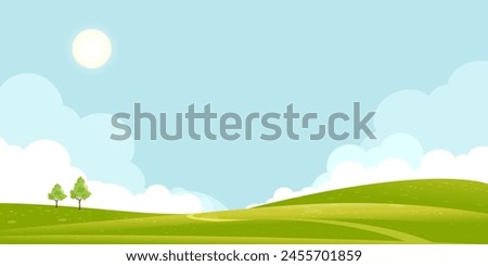 Sky,Cloud Background,Grass Green Field on Hill Farm.Cartoon Vector Blue Sky over Outdoor Park with Tree on Spring.Road on Mountain with Meadow,Flower Land.Horizon Summer Nature Rural in Village