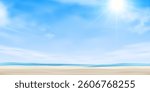 Sky,cloud over sea blue water,sand beach in sunny day summer,Summer vibes background for Holiday vacation banner,Backdrop for Spa,Cosmetic product presentation