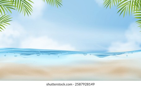 Sky,cloud over sea blue water,sand beach with palm leaf in sunny day summer,Summer vibes background for Holiday vacation banner,Backdrop for Spa,Cosmetic product presentation