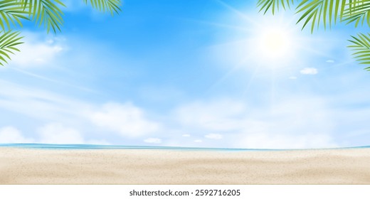 Sky,cloud over sea blue water,sand beach with palm leaf in sunny day summer,Summer vibes background for Holiday vacation banner,Backdrop for Spa,Cosmetic product presentation