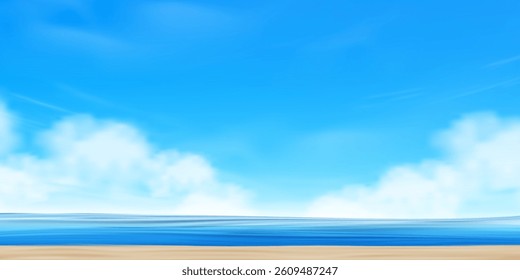 Sky,cloud over sea blue water,sand beach in sunny day summer,Summer vibes background for Holiday vacation banner,Backdrop for Spa,Cosmetic product presentation