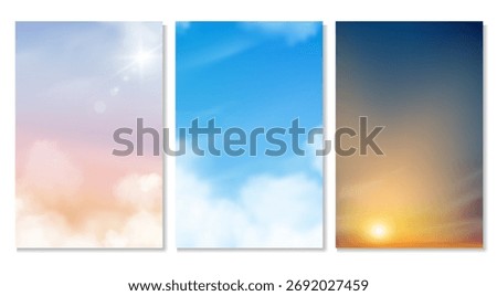 Sky,Cloud Set Backgrounds of Morning Sunrise with shiny sunlight,Suny day clear blue sky,cloud,Golden hour evening Sunset sky.Vector for Summer,Spring,Winter,Autumn landscape nature weather,seasonal 