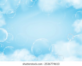 Cielo, Nube con burbujas de jabón sobre fondo azul para el Anuncio de productos cosméticos, Horizonte Spring Clear Sky con burbujas de jabón de ensueño en el aire junto a la playa, Vector paisaje naturaleza amanecer en verano