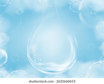 Sky,Cloud with Water Drop,Bubbles on Blue Background for Cosmetic product Design,Clear soap bubbles floating over fluffy cloud surface against bright blue sky 