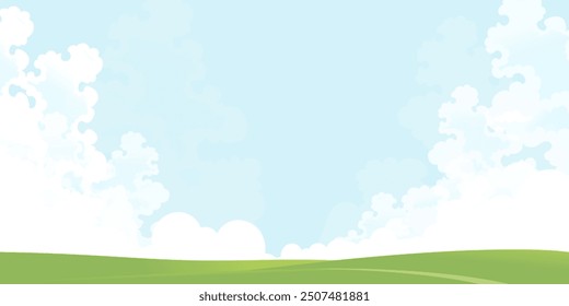 Sky,Cloudy Background,Spring Landscape with green field,Blue Sky for Easter Background,Horizon Summer Sky,Peaceful rural nature sunny day in,Vector illustration Cartoon  flat design with copy space 