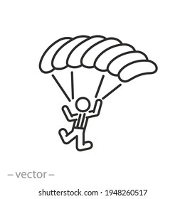 icono de skydive, paracaidista con paracaídas, aterrizaje de ala, hombre en el cielo, símbolo de línea delgada sobre fondo blanco - vector de trazo editable eps10