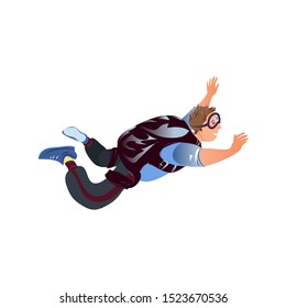 Skydiver in the blue clothes with goggles flying with the parachute backpack. Vector illustration in a flat cartoon style.