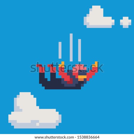 Skydiver character. Parachutist flying through clouds pixel art vector illustration. Skydiving, parachuting sport. Jumping with parachute. Design for web and mobile app.
