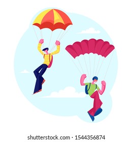 Skydiver Characters Jumping with Parachute Soaring in Sky. Skydiving Parachuting Sport. Couple of Parachutists Flying Through Clouds. Extreme Outdoors Activities. Cartoon Flat Vector Illustration