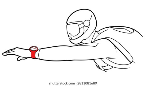 Skydiver checking a red wristwatch during freefall flight. Minimalist line art of a skydiver in gear with a red watch on an outstretched arm. Ideal for extreme sports blogs or time management concepts.
