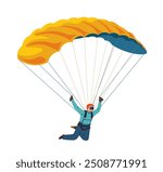 Skydiver descending with a yellow and blue parachute, isolated on a white background. Vector illustration suitable for adventure and sports designs.