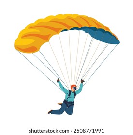 Skydiver descendo com um paraquedas amarelo e azul, isolado em um fundo branco. Ilustração vetorial adequada para projetos de aventura e esportes.