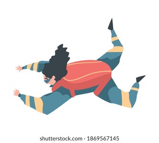 Skydiver Doing Freefall, Person Jumping with Parachute, Skydiving Parachuting Extreme Sport Cartoon Style Vector Illustration