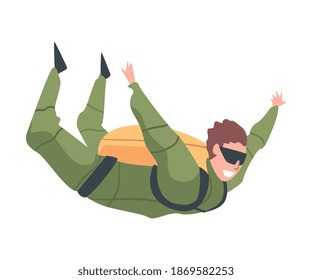 Skydiver Enjoying Freefall Freedom, Happy Person Jumping in Sky, Skydiving Parachuting Extreme Sport Cartoon Style Vector Illustration