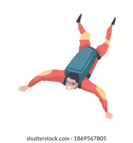 Skydiver Enjoying Freefall Freedom, Man Jumping with Parachute, Skydiving Extreme Sport Cartoon Style Vector Illustration