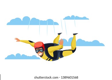 Skydiver flat vector character. Skydiving, parachuting sport cartoon illustration. Parachutist flying through clouds. Extreme activities. Jumping with parachute isolated design element