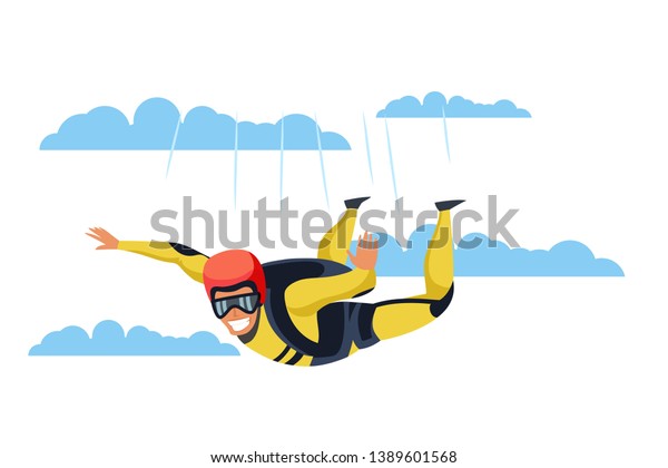 スカイダイバーの平らなベクター画像文字 スカイダイビング パラシュートスポーツの漫画のイラスト 雲の中を飛ぶパラシュート 極端な活動 パラシュートを使ってジャンプするデザインエレメント のベクター画像素材 ロイヤリティフリー