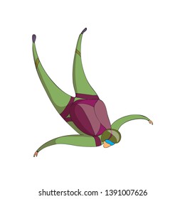 Skydiver flies down in a green suit with a purple backpack. Vector illustration on white background.