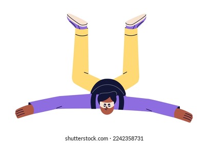 Skydiver floating, flying in free fall. Sky jumper parachuting skydiving. Extreme parachutist jumping, falling down, soaring in air in funny pose. Flat vector illustration isolated on white background