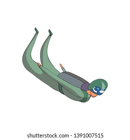 Skydiver fly down in a green suit. Vector illustration on white background.
