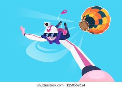 Skydiver flying in the free fall. Cartoon skydiver character in glasses making selfie on action camera. jumping from a hot air balloon. Freedom concept. Flat Vector illustration.