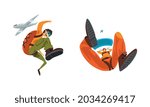 Skydiver Flying with Parachute Engaged in Extreme Sport Vector Set
