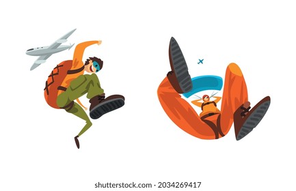 Skydiver Flying with Parachute Engaged in Extreme Sport Vector Set