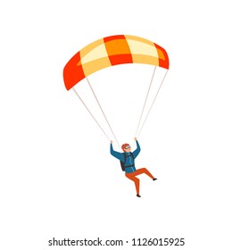 Skydiver flying with a parachute, parachuting sport and leisure activity concept vector Illustration on a white background